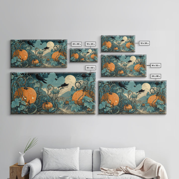 The Alien Pumpkin Patch, Macabre Folk Print Art, Wide Panoramic Art, Macabre Wall Art, Canvas Print, Halloween Wall Art