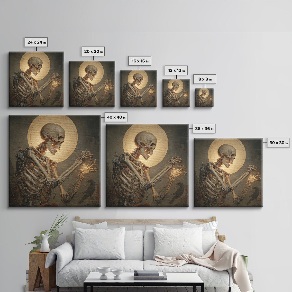 The Biomechanical Skeleton, Dark Renaissance Art, Square Wall Art, Dark Fantasy Wall Art, Framed Canvas Print, Halloween Wall Art