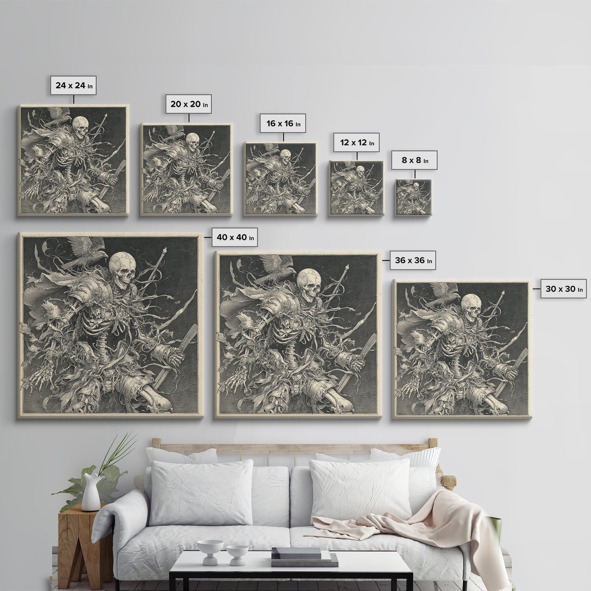 The Biomechanical Skeleton, Renaissance Engraving Art, Square Wall Art, Dark Fantasy Wall Art, Framed Canvas Print, Halloween Wall Art