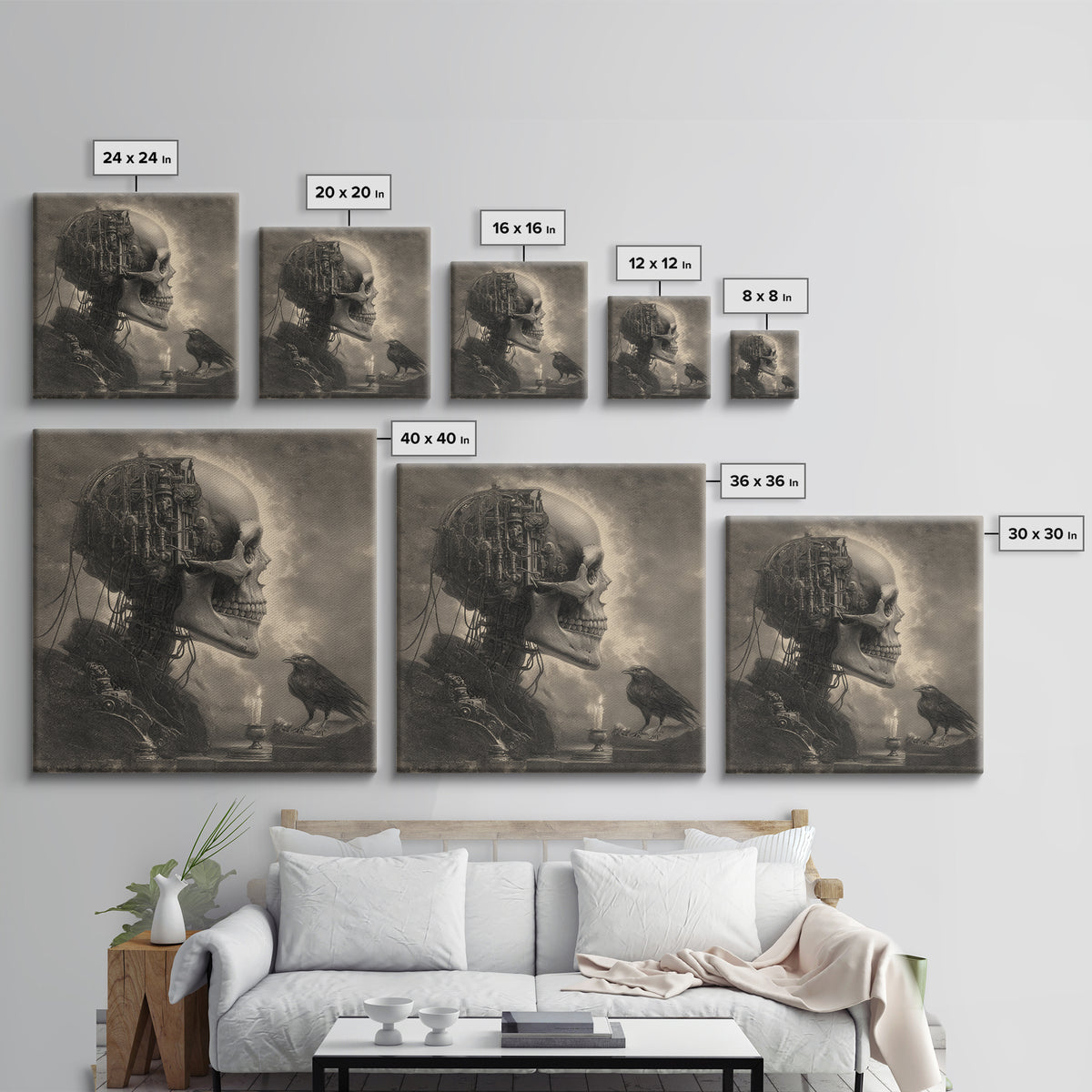 The Biomechanical Skeleton, Symbolist Etching Art, Square Wall Art, Dark Fantasy Wall Art, Canvas Print, Halloween Wall Art