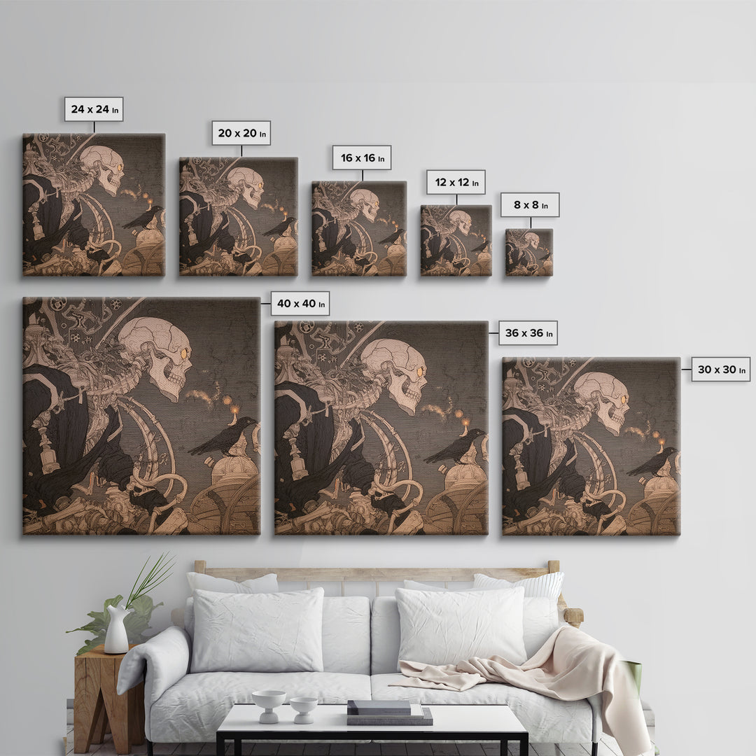 The Biomechanical Skeleton, Decadent Line Art, Square Wall Art, Gothic Horror Wall Art, Framed Canvas Print, Halloween Wall Art