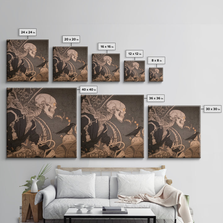 The Biomechanical Skeleton, Decadent Line Art, Square Wall Art, Gothic Horror Wall Art, Framed Canvas Print, Halloween Wall Art