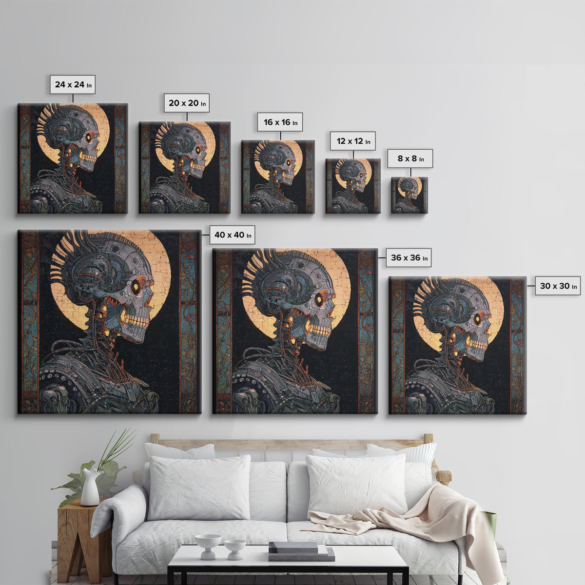 The Biomechanical Skeleton, Stained Glass Gothic Art, Square Wall Art, Dark Fantasy Wall Art, Canvas Print, Halloween Wall Art