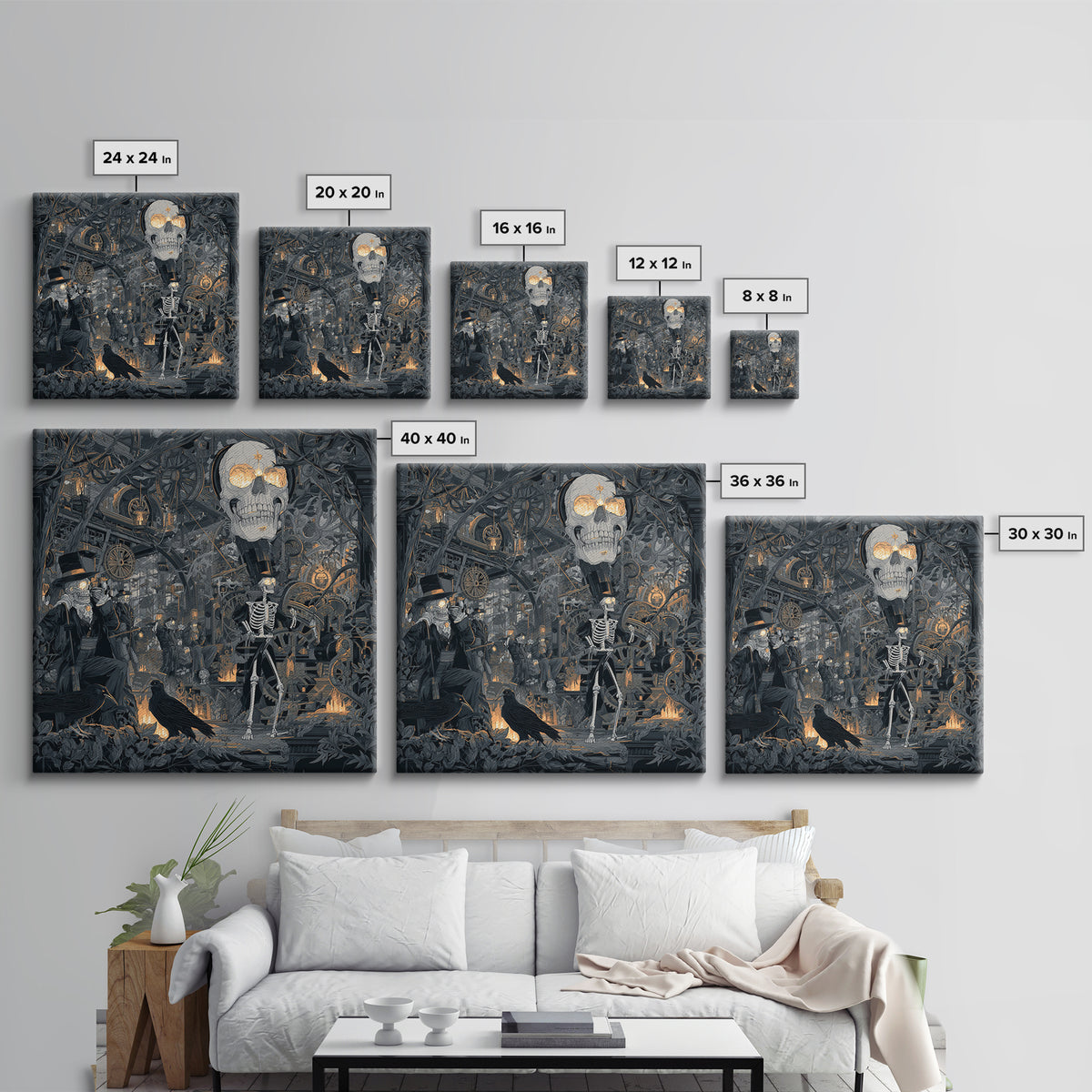 The Biomechanical Skeleton, Macabre Folk Print Art, Square Wall Art, Dark Fantasy Wall Art, Canvas Print, Halloween Wall Art