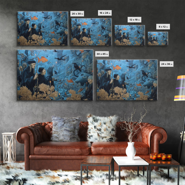 The Underwater Graveyard, Medieval Grotesque Art, Landscape Wall Art, Dark Halloween Decor, Framed Canvas Print, Halloween Wall Art