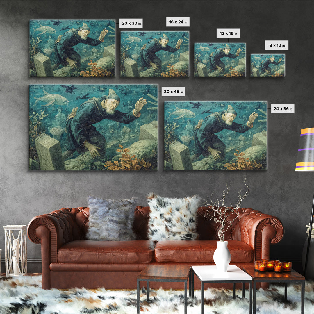 The Underwater Graveyard, Northern Renaissance Horror, Landscape Wall Art, Macabre Wall Art, Canvas Print, Halloween Wall Art