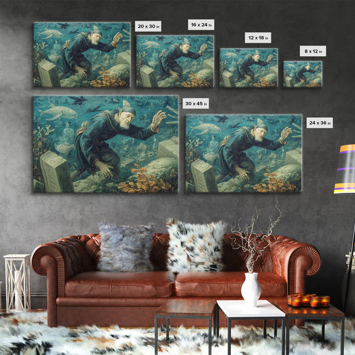 The Underwater Graveyard, Northern Renaissance Horror, Landscape Wall Art, Macabre Wall Art, Canvas Print, Halloween Wall Art