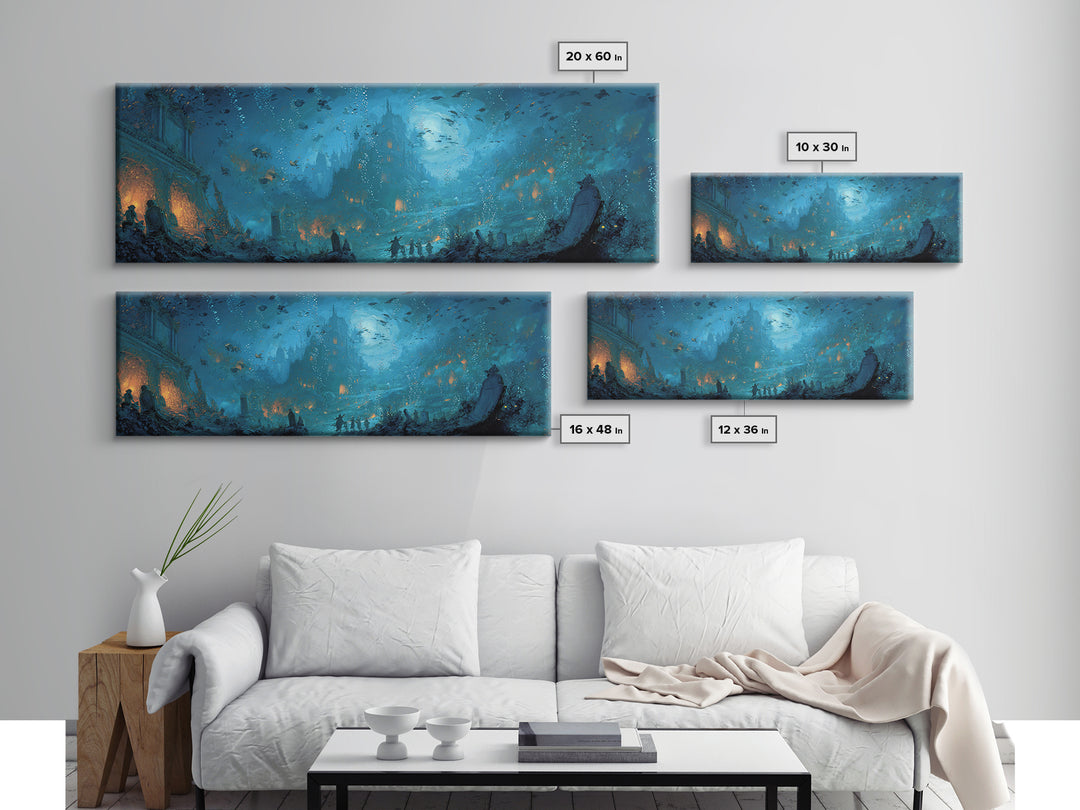 The Underwater Graveyard, Apocalyptic Romantic Art, Extra Wide Wall Art, Dark Fantasy Wall Art, Framed Canvas Print, Halloween Wall Art
