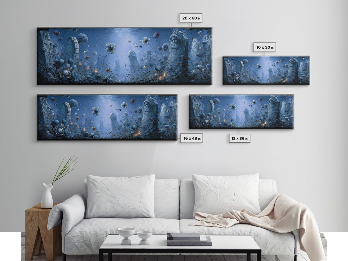 The Underwater Graveyard, Symbolist Dream Art, Extra Wide Wall Art, Dark Halloween Decor, Canvas Print, Halloween Wall Art
