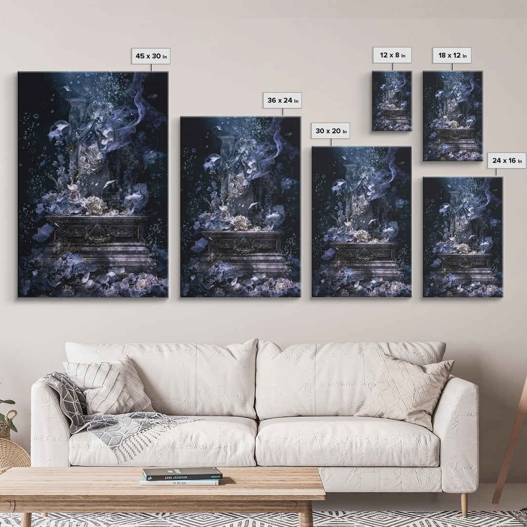 The Underwater Graveyard, Ornate Symbolist Art, Vertical Wall Art, Dark Fantasy Wall Art, Framed Canvas Print, Halloween Wall Art