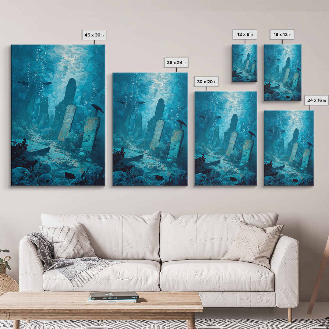 The Underwater Graveyard, Decadent Gothic Art, Vertical Wall Art, Gothic Horror Wall Art, Framed Canvas Print, Halloween Wall Art