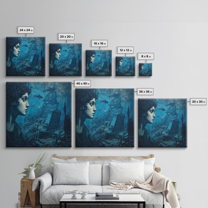 The Underwater Graveyard, Dark Symbolist Art, Square Wall Art, Dark Halloween Decor, Canvas Print, Halloween Wall Art