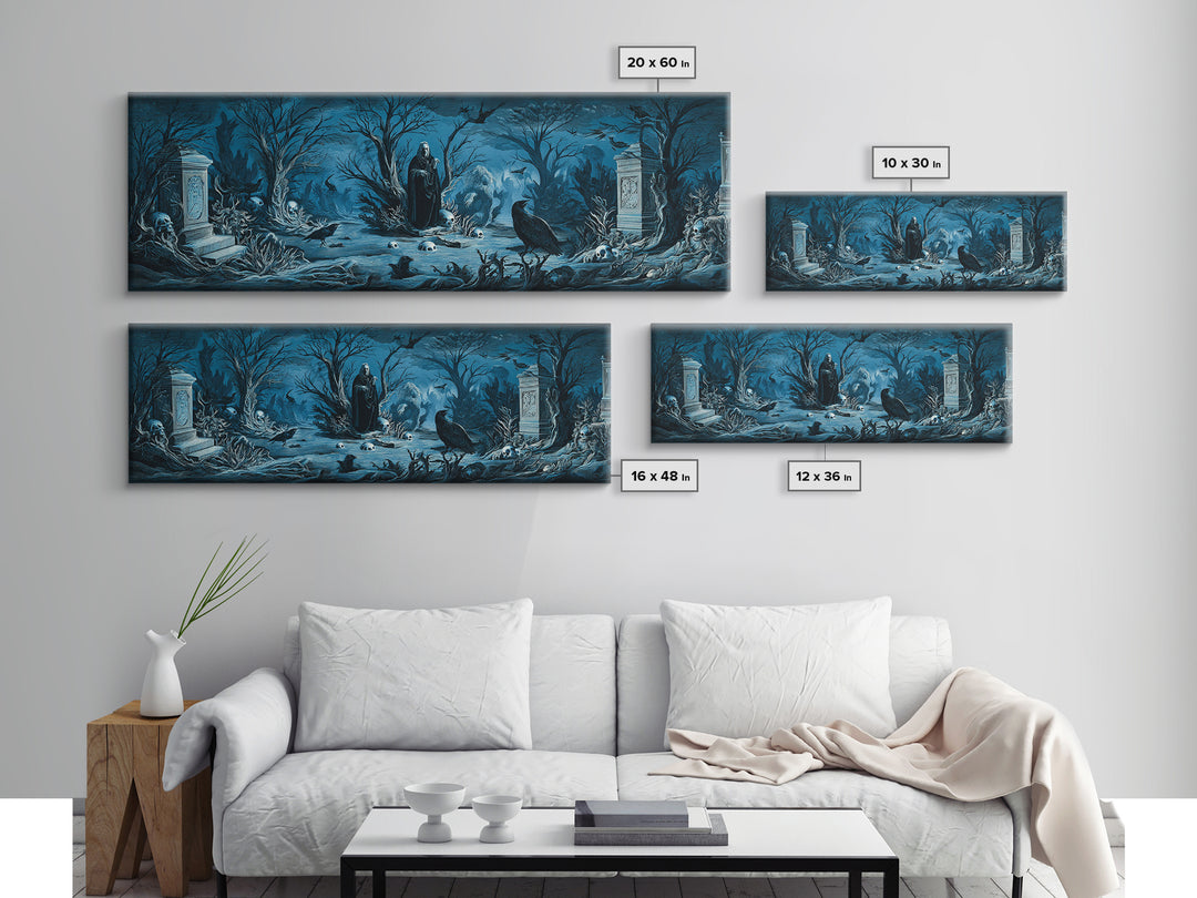 The Underwater Graveyard, Symbolist Etching Art, Extra Wide Wall Art, Macabre Wall Art, Canvas Print, Halloween Wall Art