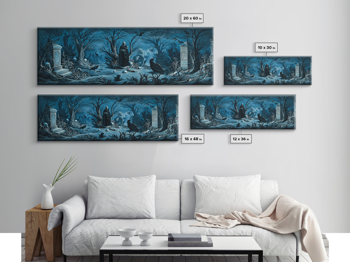 The Underwater Graveyard, Symbolist Etching Art, Extra Wide Wall Art, Macabre Wall Art, Canvas Print, Halloween Wall Art