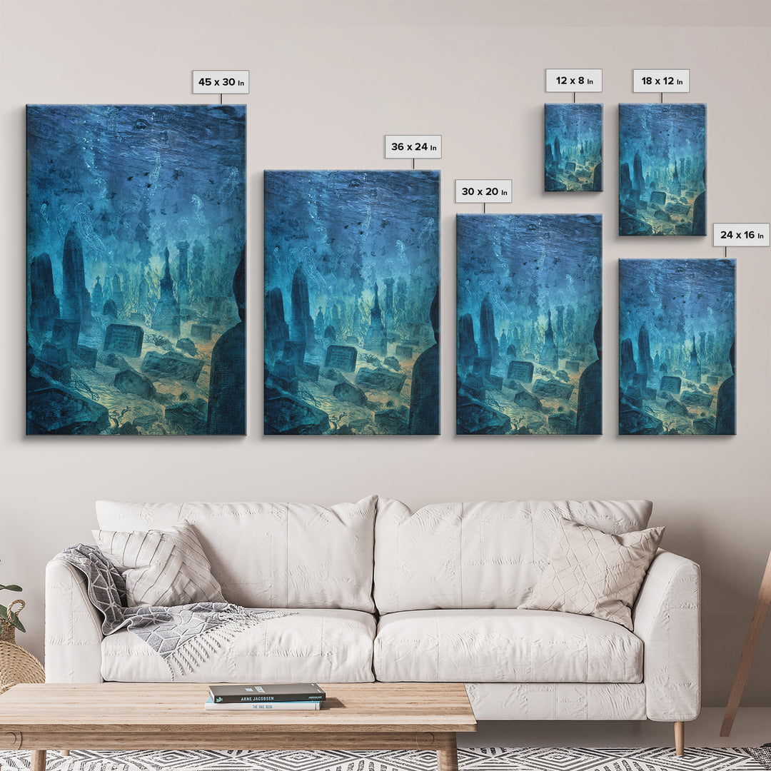 The Underwater Graveyard, Expressionist Gothic Art, Vertical Wall Art, Dark Fantasy Wall Art, Framed Canvas Print, Halloween Wall Art