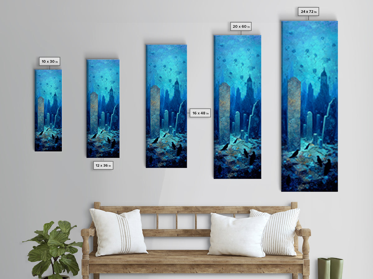 The Underwater Graveyard, Surreal Apocalyptic Art, Tall Narrow Wall Art, Gothic Horror Wall Art, Framed Canvas Print