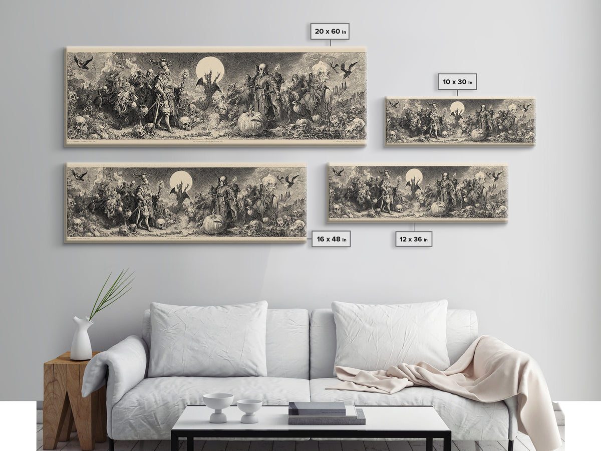 Desert Halloween, Renaissance Engraving Art, Extra Wide Wall Art, Macabre Wall Art, Framed Canvas Print, Halloween Wall Art