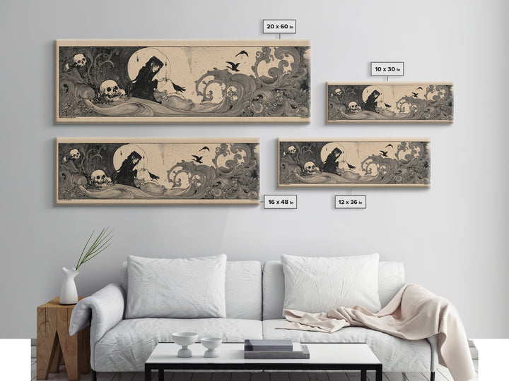 Desert Halloween, Decadent Line Art, Extra Wide Wall Art, Macabre Wall Art, Framed Canvas Print, Halloween Wall Art