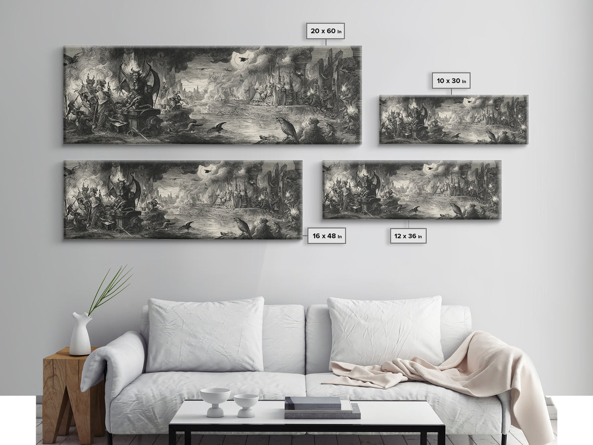 The Volcanic Demon Festival, Renaissance Engraving Art, Extra Wide Wall Art, Dark Halloween Decor, Canvas Print, Halloween Wall Art