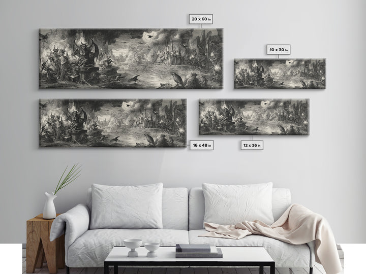The Volcanic Demon Festival, Renaissance Engraving Art, Extra Wide Wall Art, Dark Halloween Decor, Canvas Print, Halloween Wall Art