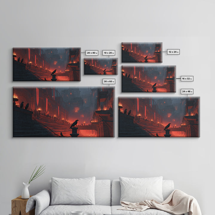 The Volcanic Demon Festival, Architectural Etching Art, Wide Panoramic Art, Gothic Horror Wall Art, Canvas Print
