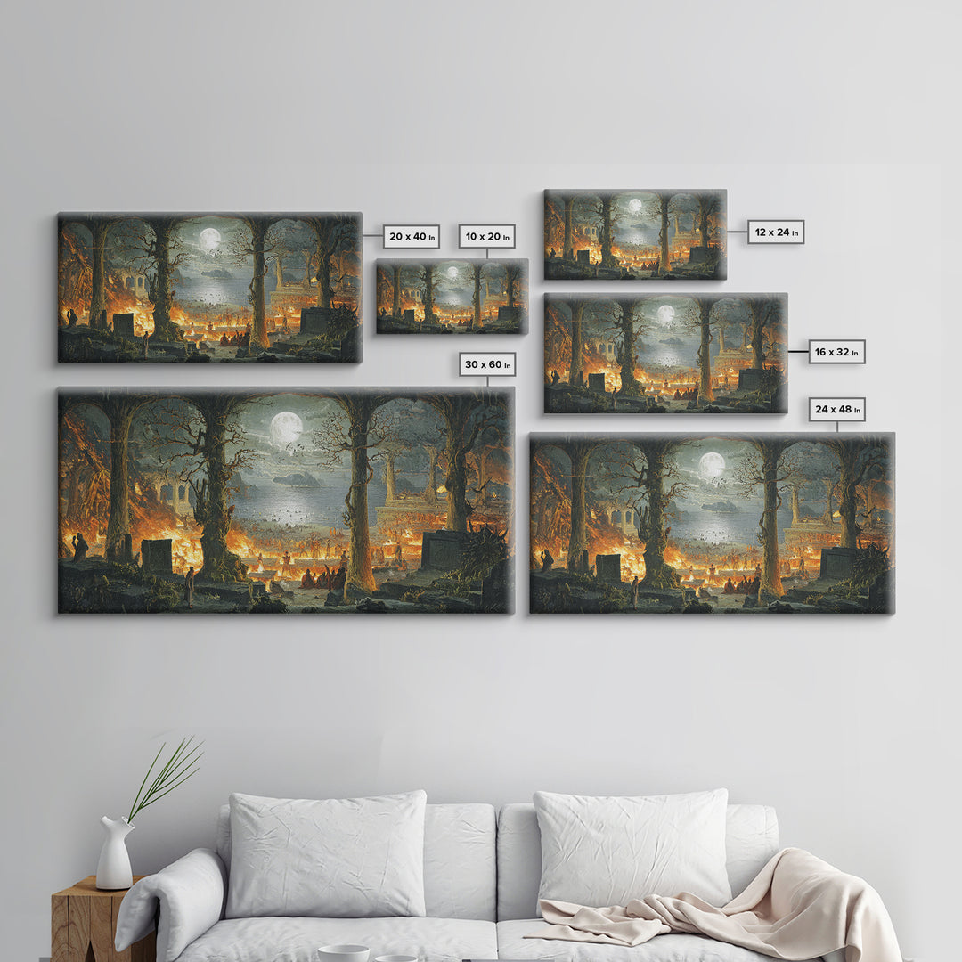 The Volcanic Demon Festival, Romantic Gothic Landscape, Wide Panoramic Art, Dark Halloween Decor, Canvas Print, Halloween Wall Art