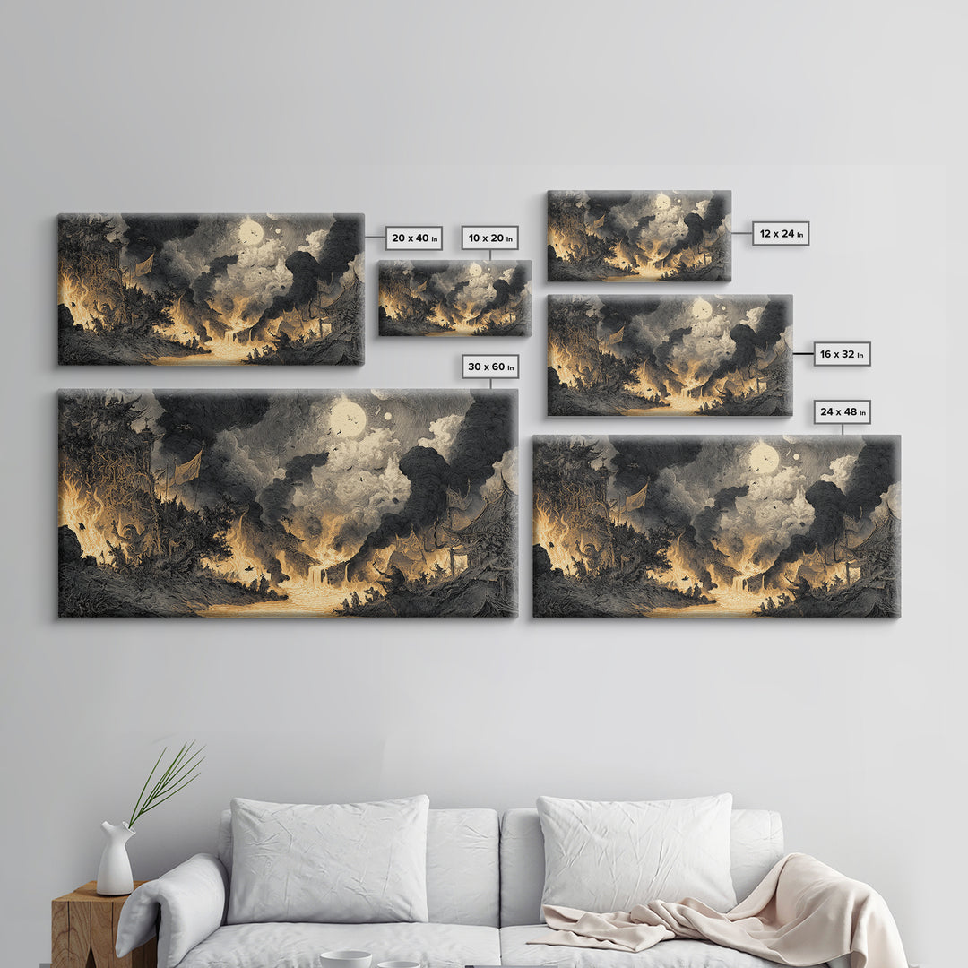The Volcanic Demon Festival, Expressionist Nightmare Art, Wide Panoramic Art, Dark Halloween Decor, Canvas Print, Halloween Wall Art
