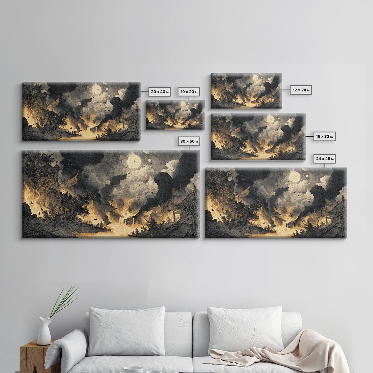 The Volcanic Demon Festival, Expressionist Nightmare Art, Wide Panoramic Art, Dark Halloween Decor, Canvas Print, Halloween Wall Art