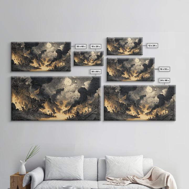 The Volcanic Demon Festival, Expressionist Nightmare Art, Wide Panoramic Art, Dark Halloween Decor, Canvas Print, Halloween Wall Art