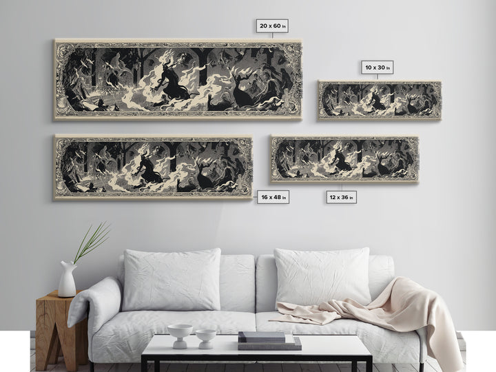 The Volcanic Demon Festival, Decadent Line Art, Extra Wide Wall Art, Dark Halloween Decor, Framed Canvas Print