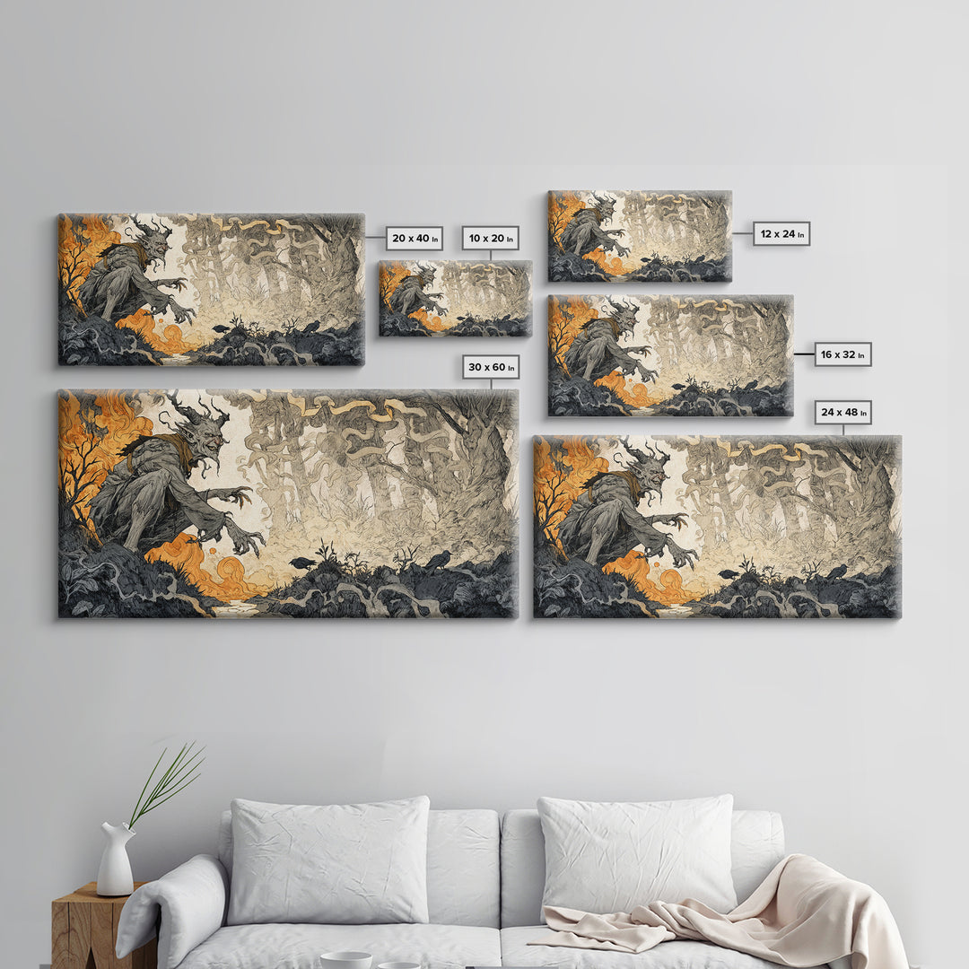 The Volcanic Demon Festival, Gothic Storybook Art, Wide Panoramic Art, Macabre Wall Art, Canvas Print, Halloween Wall Art
