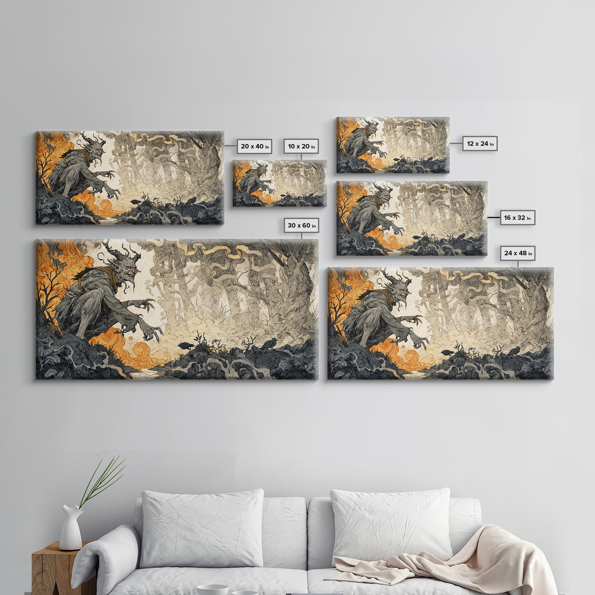 The Volcanic Demon Festival, Gothic Storybook Art, Wide Panoramic Art, Macabre Wall Art, Canvas Print, Halloween Wall Art