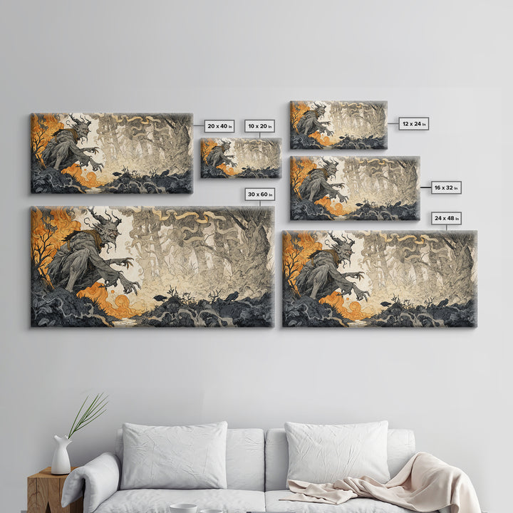 The Volcanic Demon Festival, Gothic Storybook Art, Wide Panoramic Art, Macabre Wall Art, Canvas Print, Halloween Wall Art