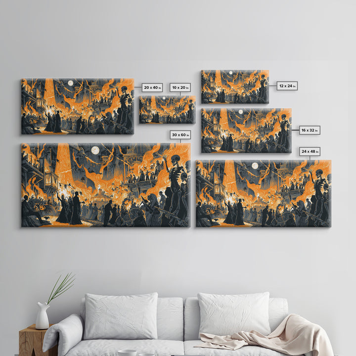 The Volcanic Demon Festival, Macabre Folk Print Art, Wide Panoramic Art, Dark Fantasy Wall Art, Framed Canvas Print