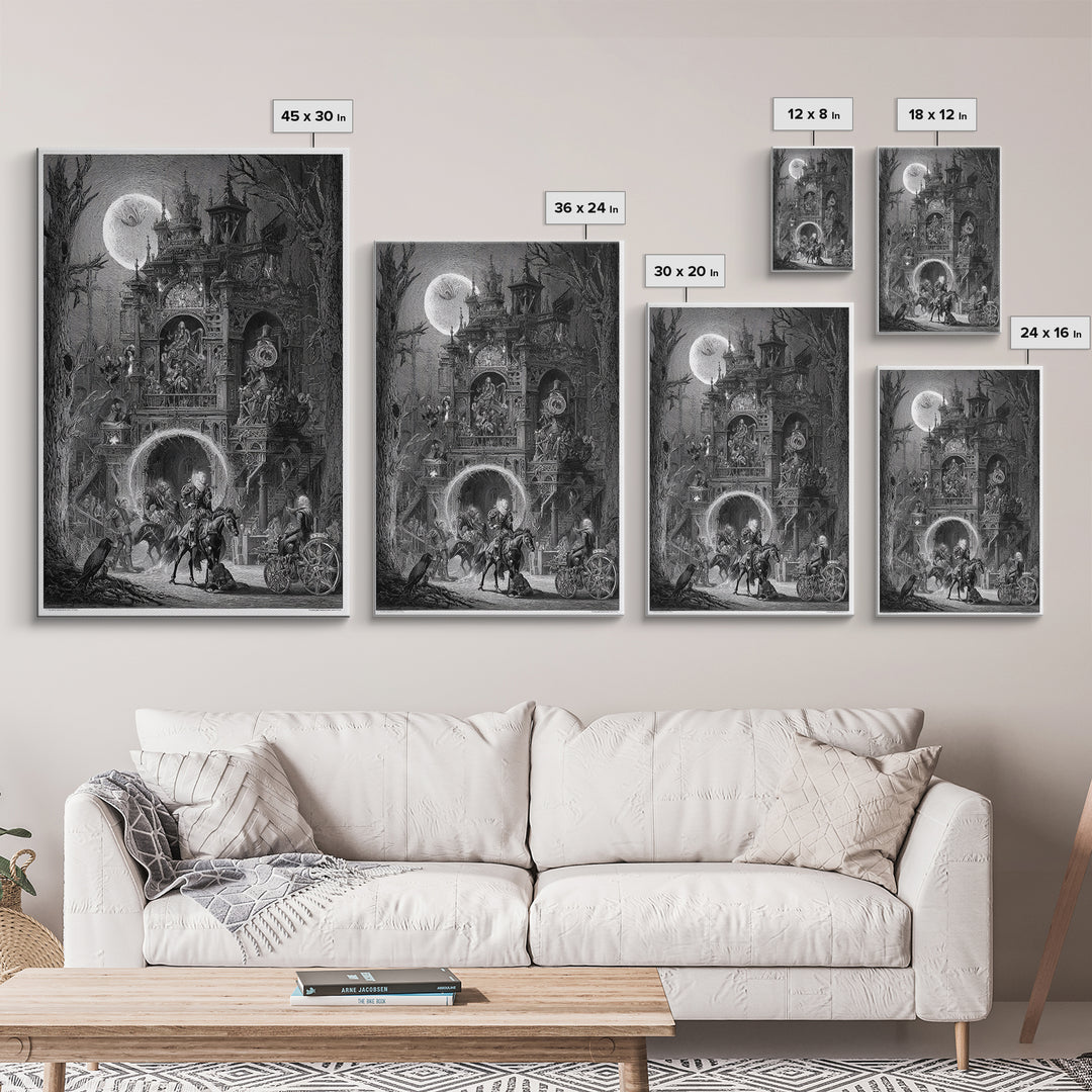 The Clockwork Haunted House, Renaissance Engraving Art, Vertical Wall Art, Macabre Wall Art, Framed Canvas Print, Halloween Wall Art
