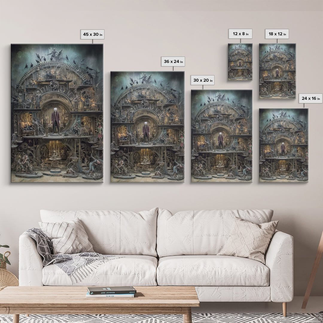 The Clockwork Haunted House, Gothic Nightmare Art, Vertical Wall Art, Macabre Wall Art, Canvas Print, Halloween Wall Art