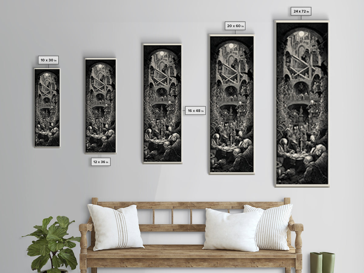The Clockwork Haunted House, Architectural Etching Art, Tall Narrow Wall Art, Dark Halloween Decor, Canvas Print