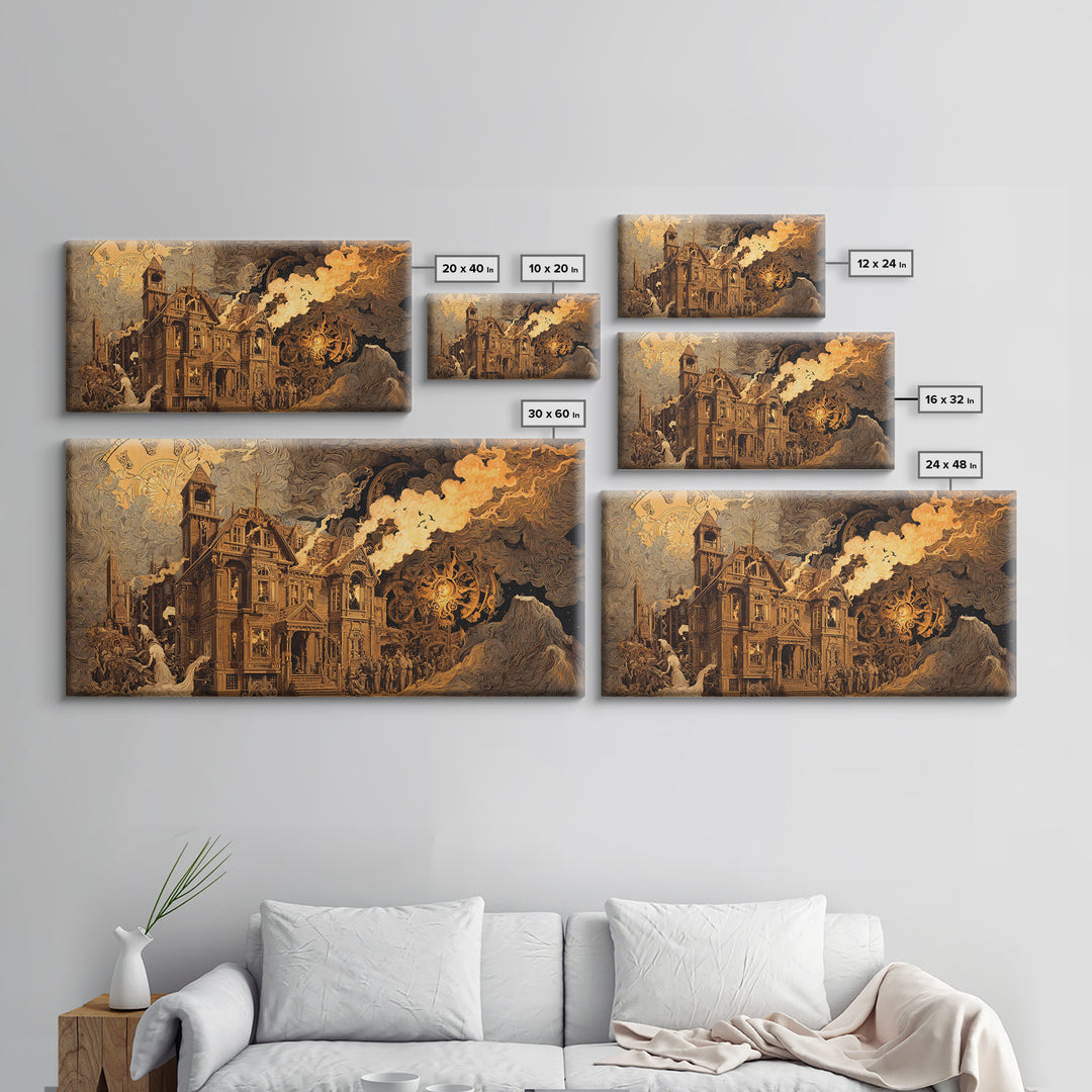 The Clockwork Haunted House, Apocalyptic Romantic Art, Wide Panoramic Art, Gothic Horror Wall Art, Canvas Print, Halloween Wall Art