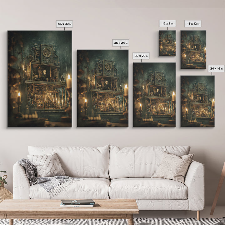 The Clockwork Haunted House, Ornate Symbolist Art, Vertical Wall Art, Dark Halloween Decor, Framed Canvas Print, Halloween Wall Art