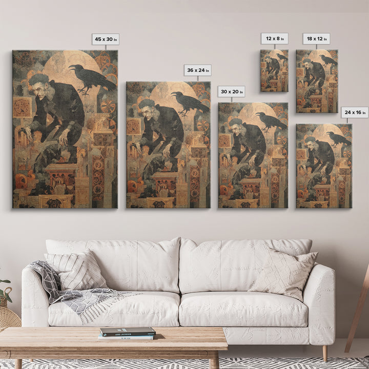 The Clockwork Haunted House, Symbolist Etching Art, Vertical Wall Art, Dark Halloween Decor, Canvas Print, Halloween Wall Art