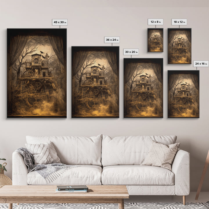 The Clockwork Haunted House, Expressionist Gothic Art, Vertical Wall Art, Dark Fantasy Wall Art, Framed Canvas Print, Halloween Wall Art