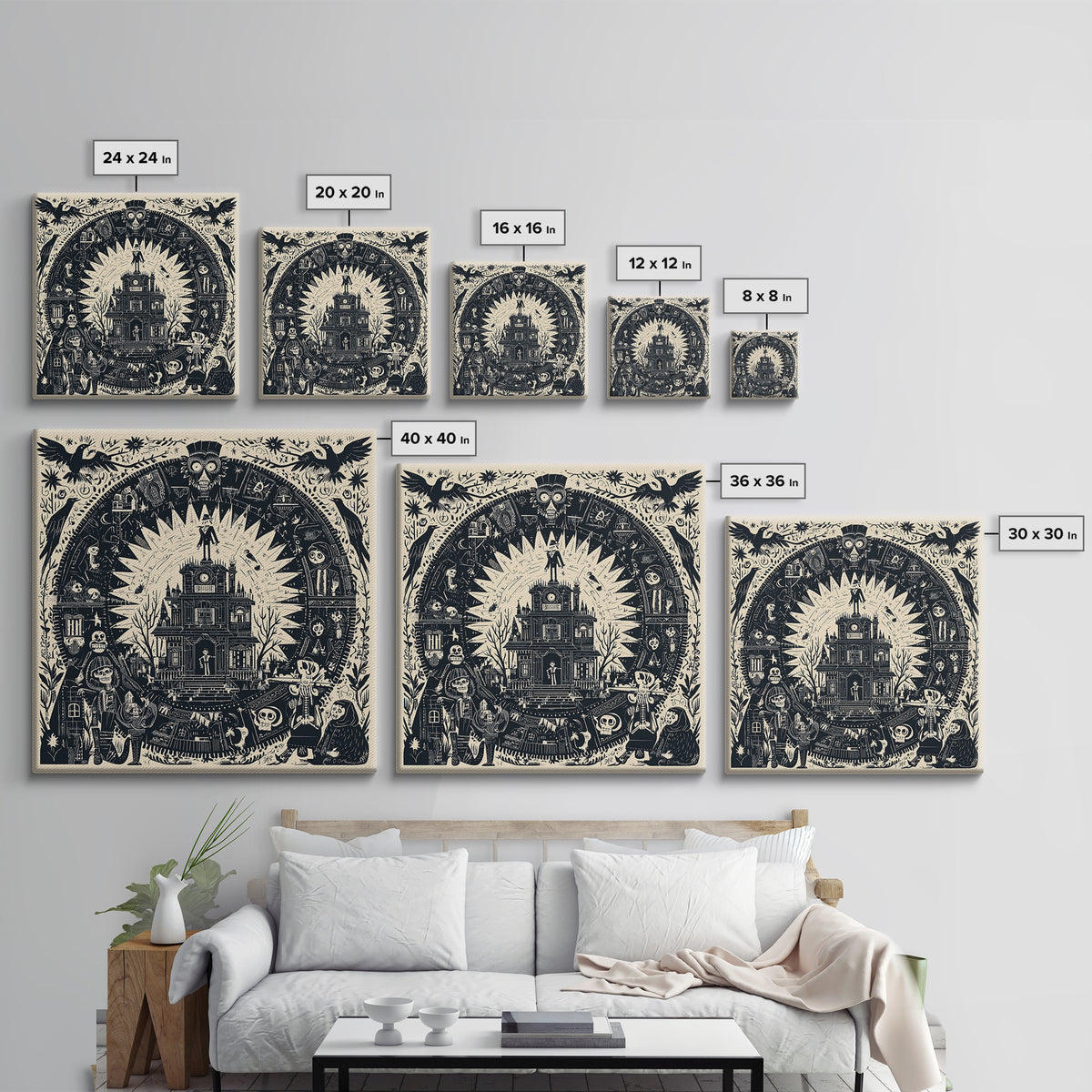 The Clockwork Haunted House, Macabre Folk Print Art, Square Wall Art, Macabre Wall Art, Framed Canvas Print, Halloween Wall Art