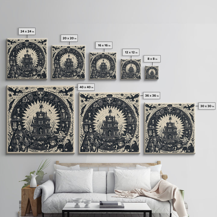 The Clockwork Haunted House, Macabre Folk Print Art, Square Wall Art, Macabre Wall Art, Framed Canvas Print, Halloween Wall Art
