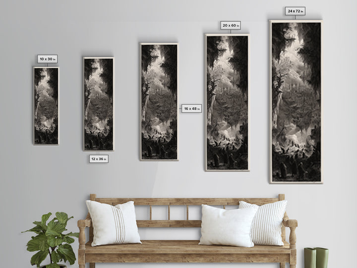 The Upside-Down Cemetery, Gothic Engraving Art, Tall Narrow Wall Art, Gothic Horror Wall Art, Framed Canvas Print, Halloween Wall Art