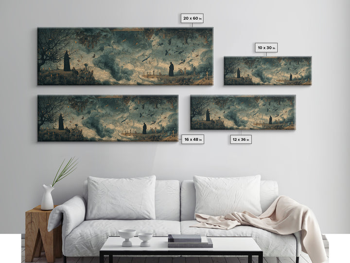 The Upside-Down Cemetery, Medieval Grotesque Art, Extra Wide Wall Art, Macabre Wall Art, Canvas Print, Halloween Wall Art
