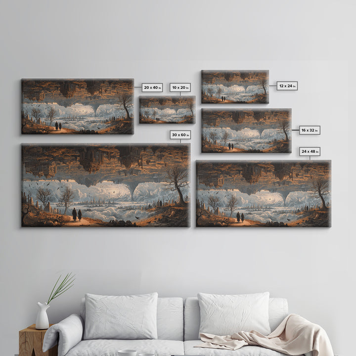 The Upside-Down Cemetery, Apocalyptic Romantic Art, Wide Panoramic Art, Macabre Wall Art, Framed Canvas Print, Halloween Wall Art