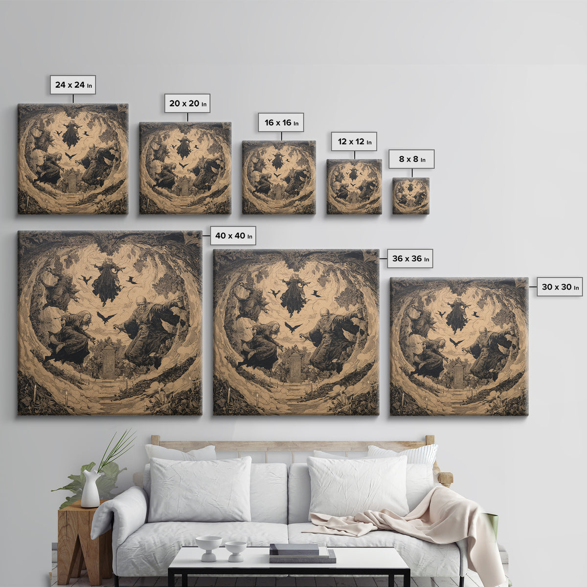 The Upside-Down Cemetery, Symbolist Etching Art, Square Wall Art, Gothic Horror Wall Art, Canvas Print, Halloween Wall Art