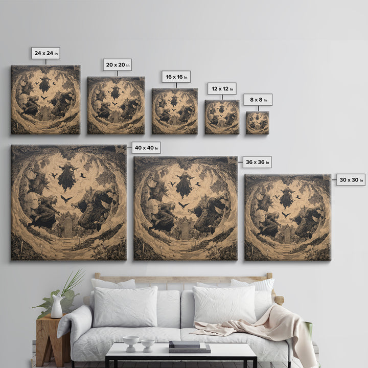 The Upside-Down Cemetery, Symbolist Etching Art, Square Wall Art, Gothic Horror Wall Art, Canvas Print, Halloween Wall Art