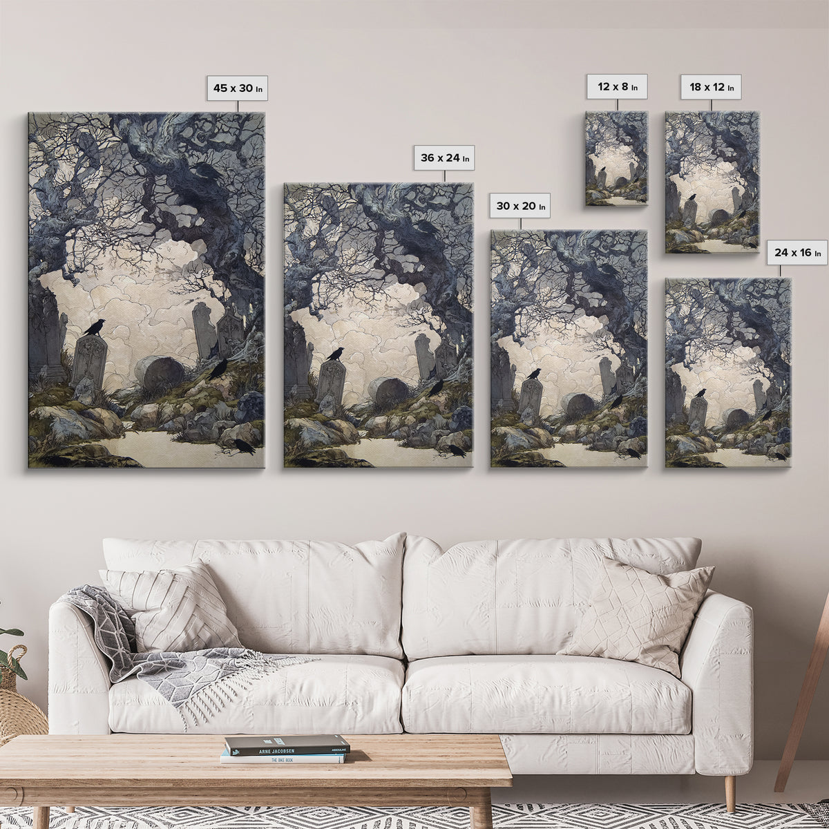 The Upside-Down Cemetery, Gothic Storybook Art, Vertical Wall Art, Dark Fantasy Wall Art, Canvas Print, Halloween Wall Art