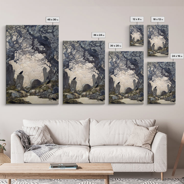 The Upside-Down Cemetery, Gothic Storybook Art, Vertical Wall Art, Dark Fantasy Wall Art, Canvas Print, Halloween Wall Art